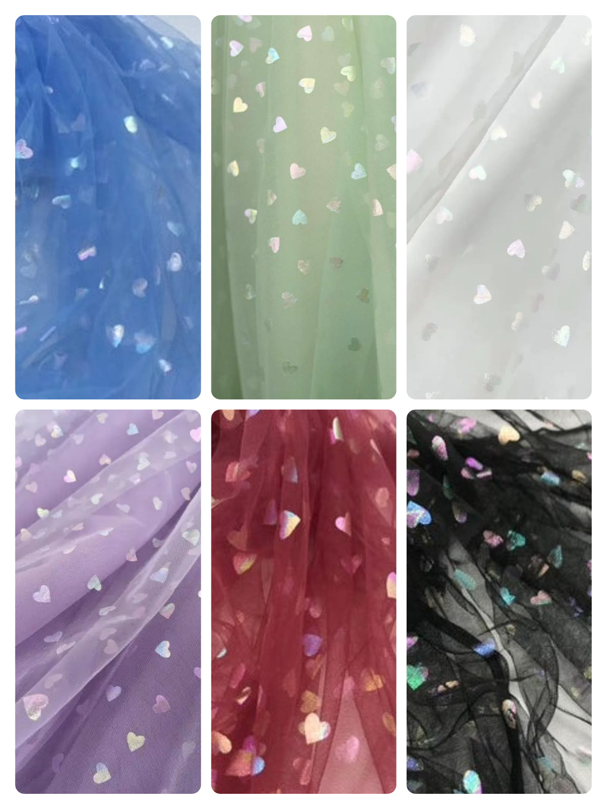 Fabric color chart of tulle with holographic hearts for Janine formal dress.