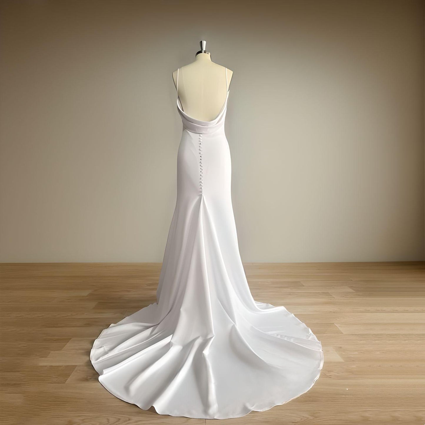 Elegant bridal gown with a plunging back, backless design, and sleek mermaid silhouette on a mannequin.