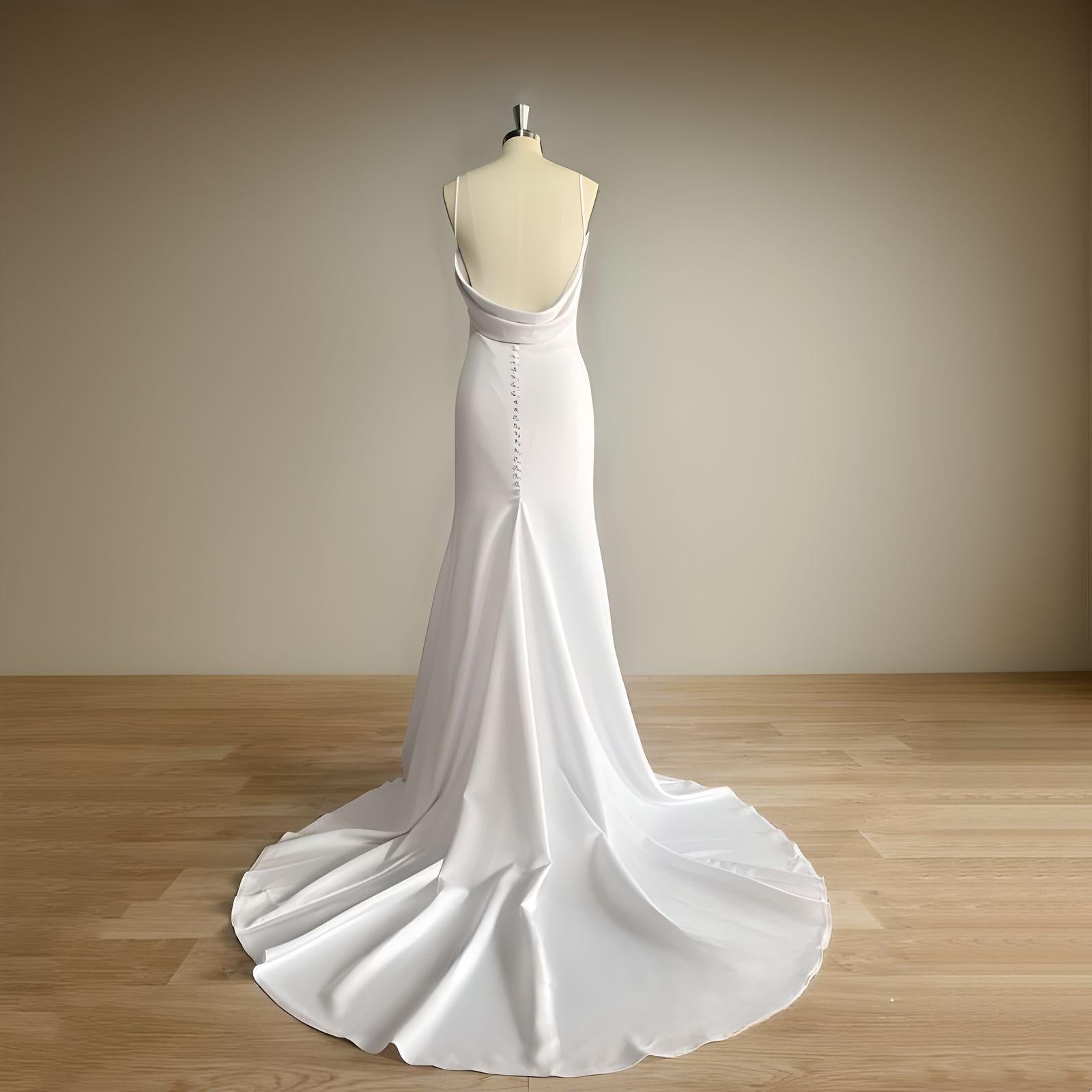 Elegant bridal gown with a plunging back, backless design, and sleek mermaid silhouette on a mannequin.