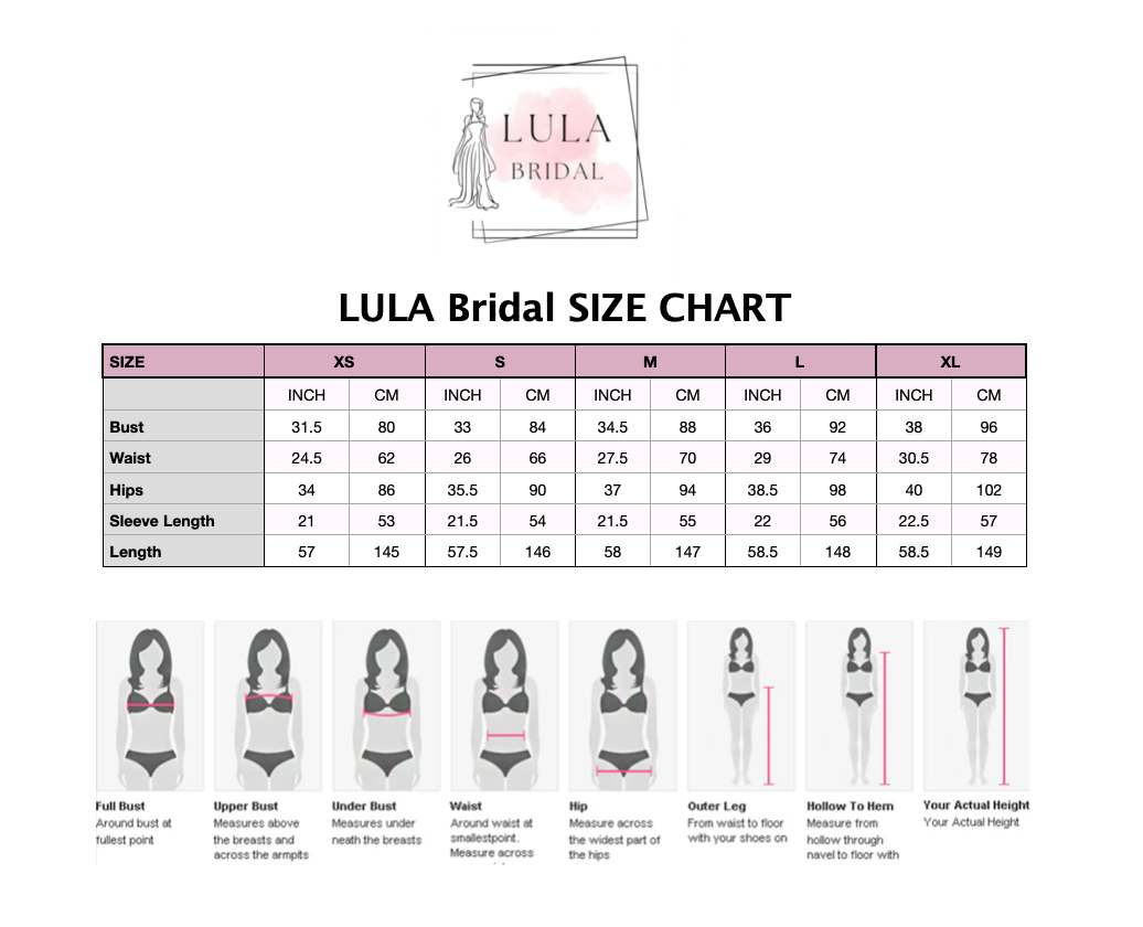 LULA Bridal size chart with measurements and illustrations of women wearing different body parts.