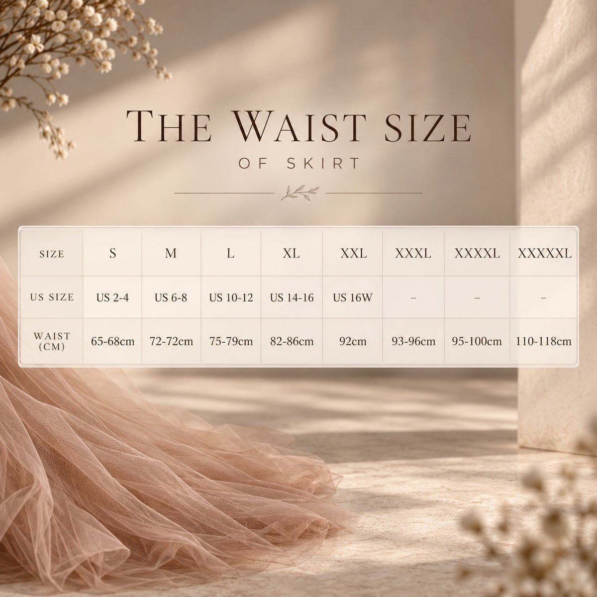 A size chart graphic for a skirt listing, titled 'THE WAIST SIZE OF SKIRT,' showing columns for size S through XXXXL, US size, waist in centimeters, and a soft blush tulle fabric sample draped at the bottom left.