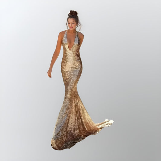 Women in Sexy Gold Sequined Backless Evening Gown with V Neck