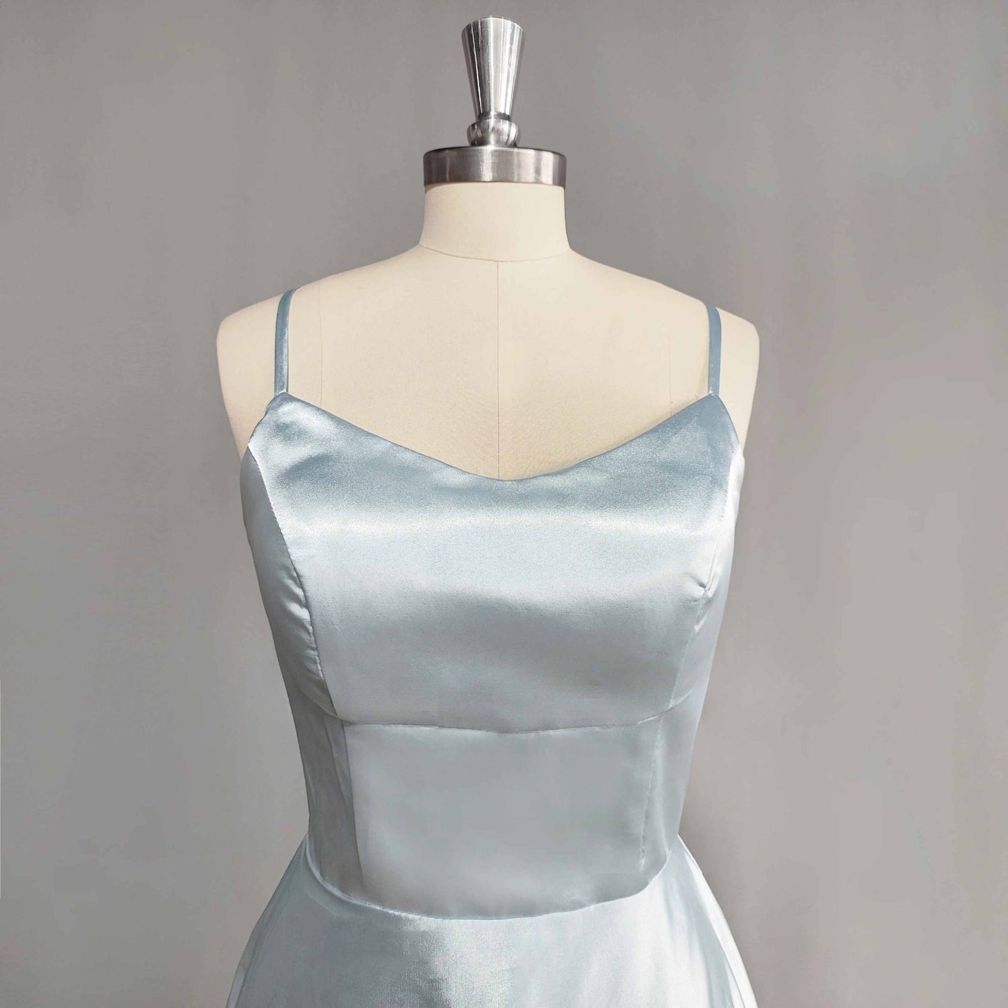 A-line silhouette satin prom gown in detailed front view
