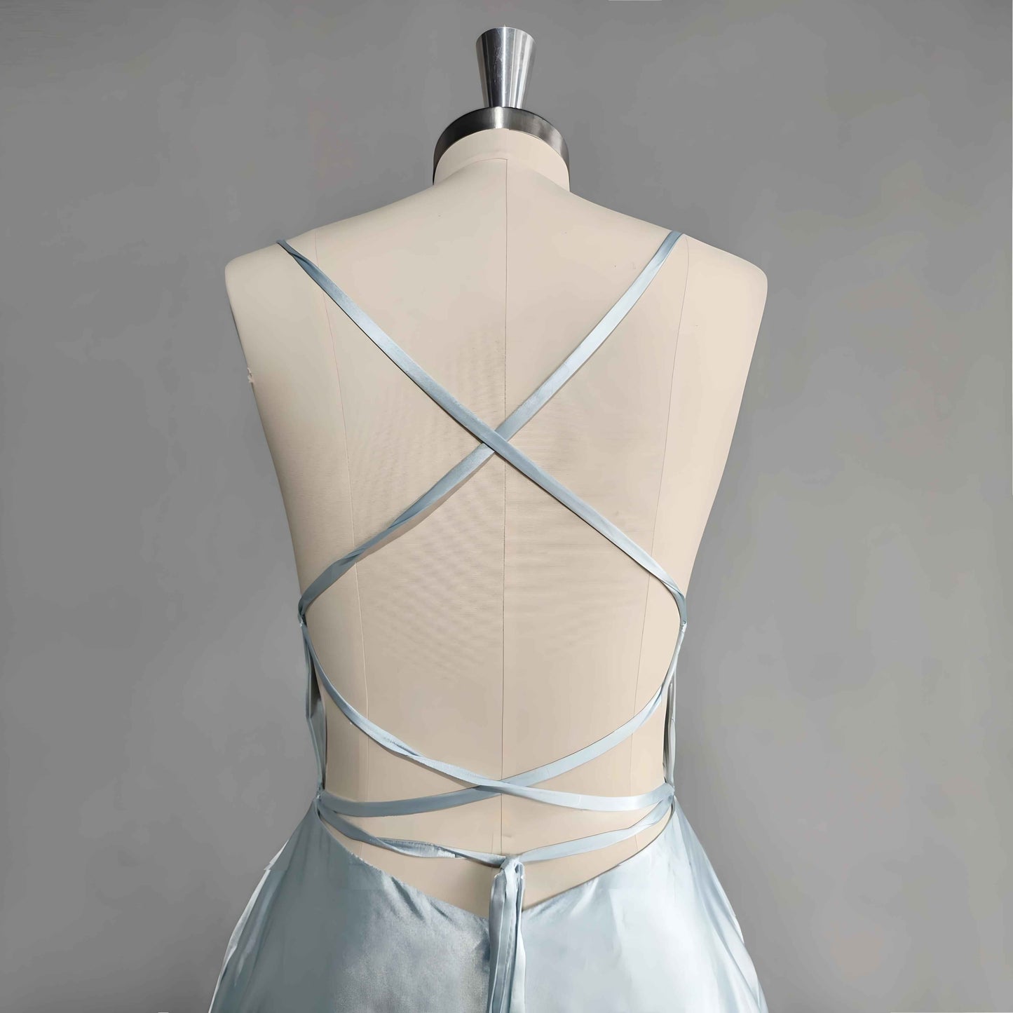 Sexy backless satin prom gown spaghetti straps and back straps