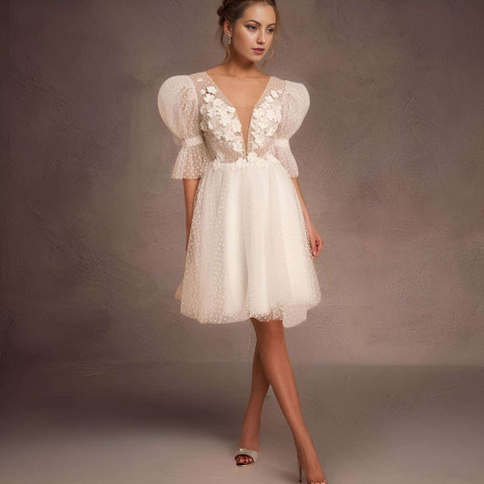 Model in Bridal Party Alora Short Wedding Dress with Romantic Lace Details anv Deep V Neckline