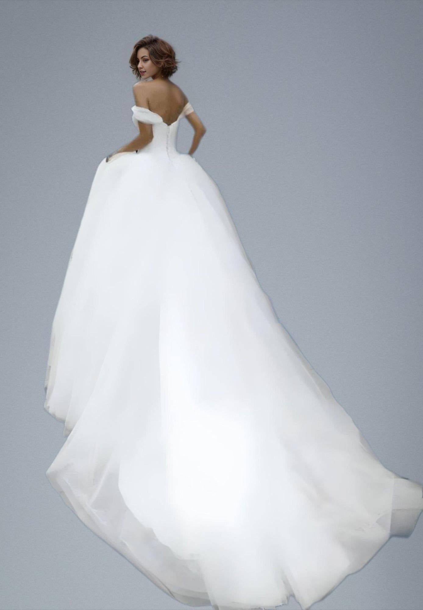 Beautiful Bride showcasing Long Train and Back of the Ball Gown Wedding Dress