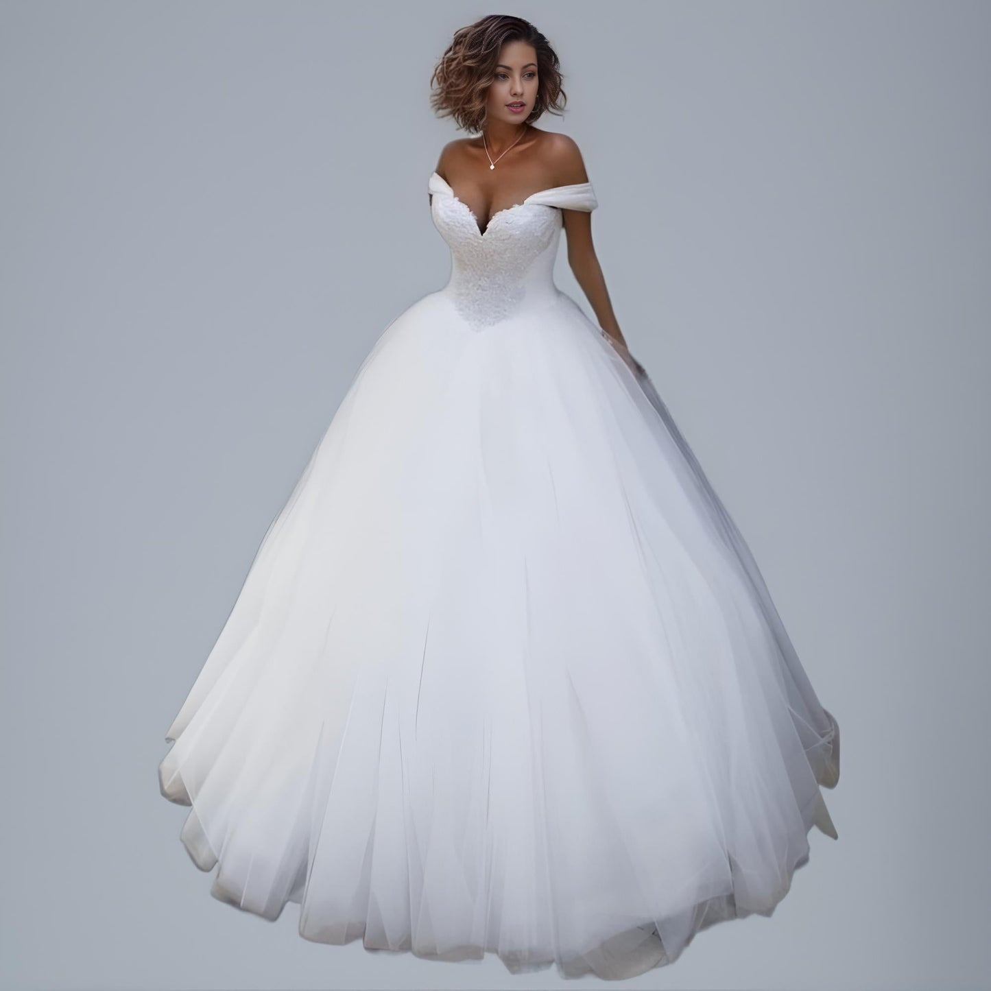 Bride in White Princess Ball Gown Wedding Dress with Lace Appliques and Off the Shoulder Sleeves