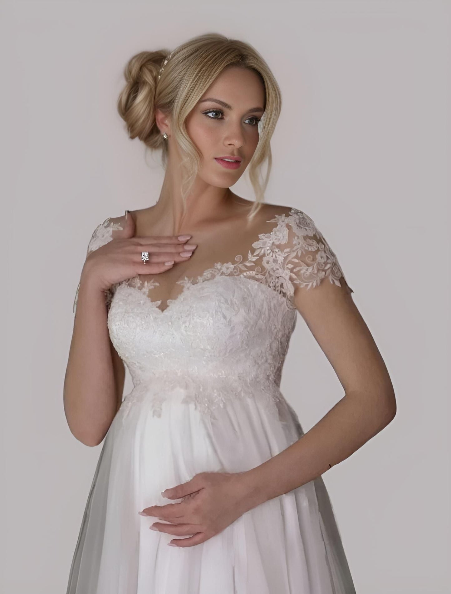 Detailed view of Maternity Bridal Gown with Lace Top and Short Tank Sleeves