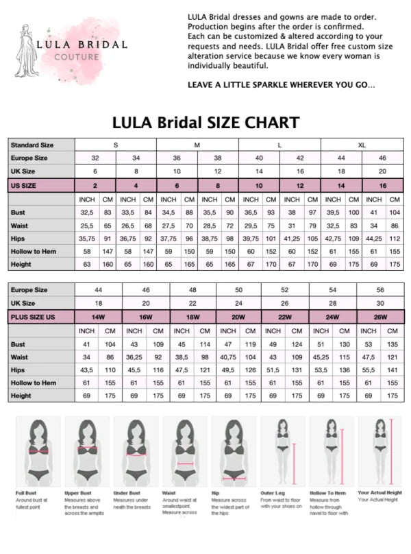 Bridal Gown Size Chart for ANEE Two Piece Wedding Dress - Two Piece Wedding Dress