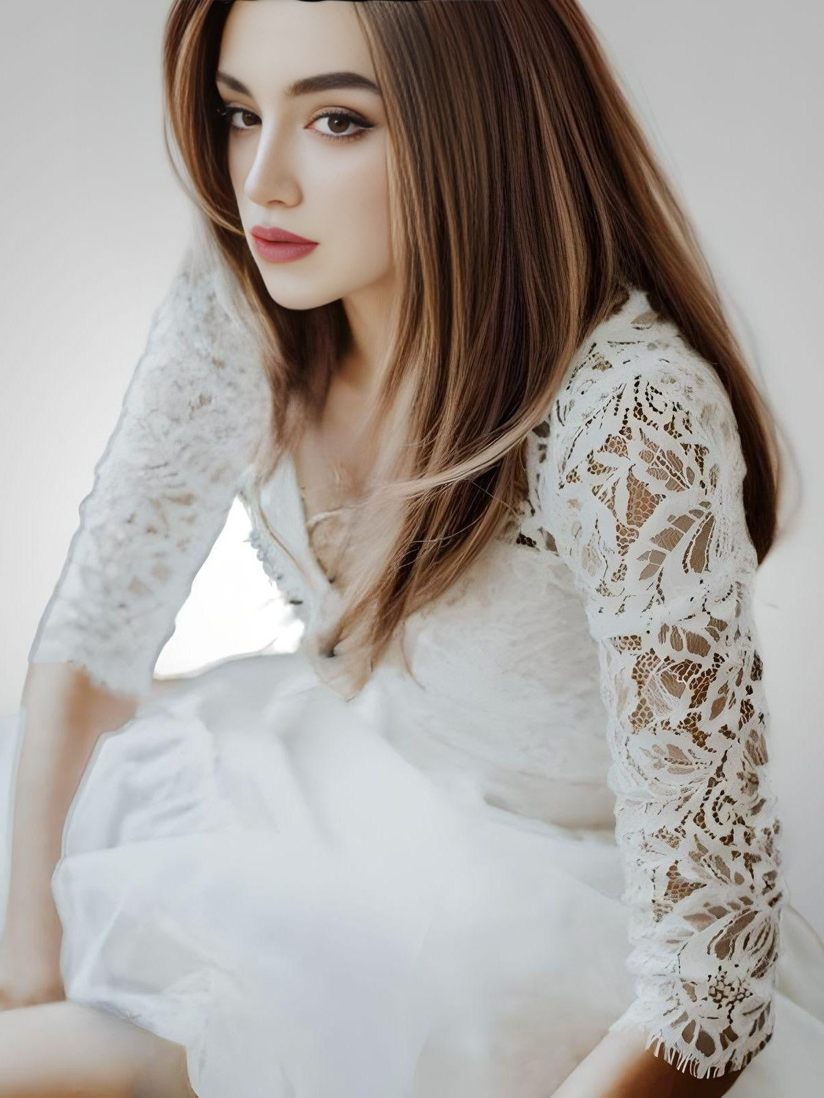 Bride in Chiffon Skirt Wedding Dress, paired with a lace top adorned with a deep V neck and 3/4 sleeves
