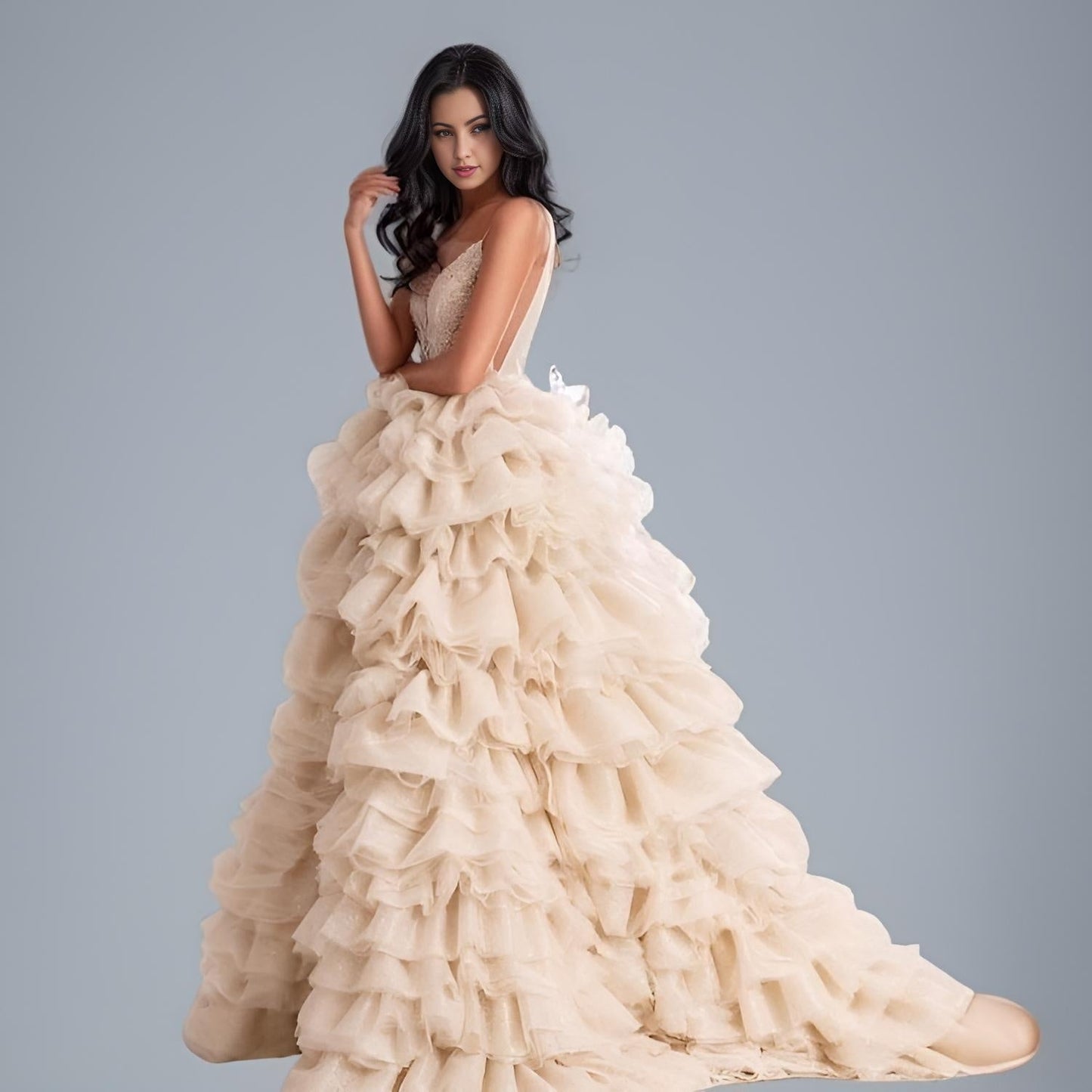 Women showcasing Beige Sparkly Tulle Tiered Prom Dresses with ruffles and sequined bodice