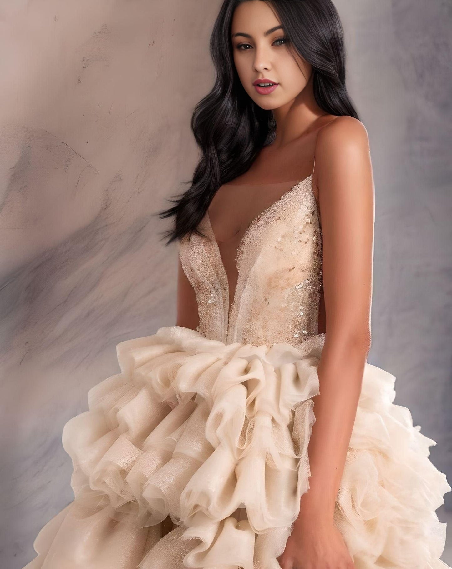 Woman wearing Champagne Sparkly Sequined Prom Dress Top with a ruffled skirt