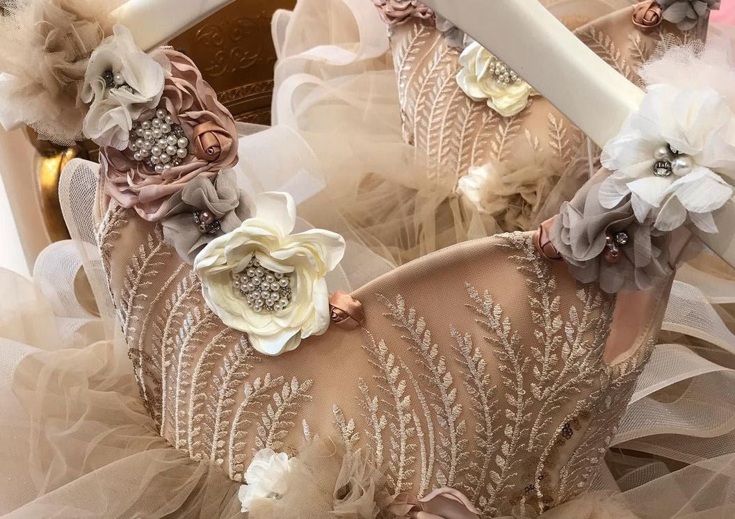 Champagne Girl Dress with Flower Appliques