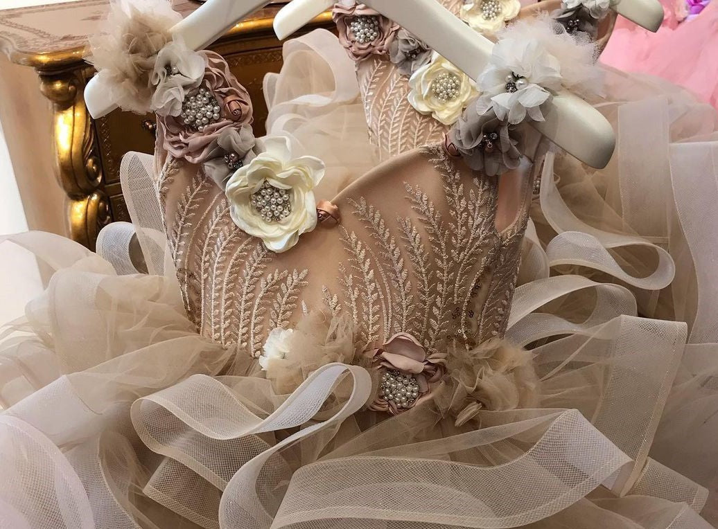 Little Girl Champagne Flower Girl Dress with Close-up of 3D Flowers