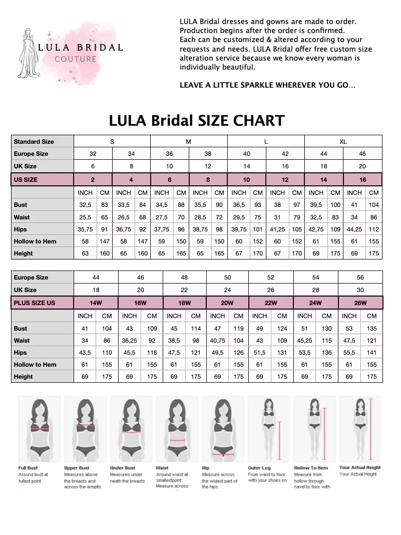Prom Dress international size chart with conversion