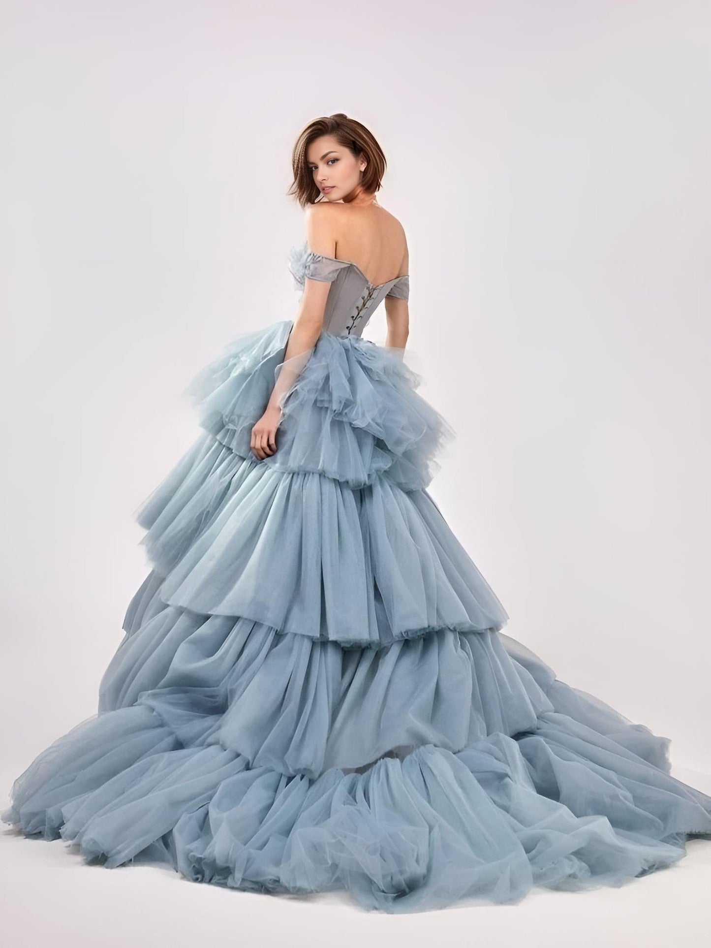 Pleat Ruched Detailing on Back of Blue Long Evening Party Dress
