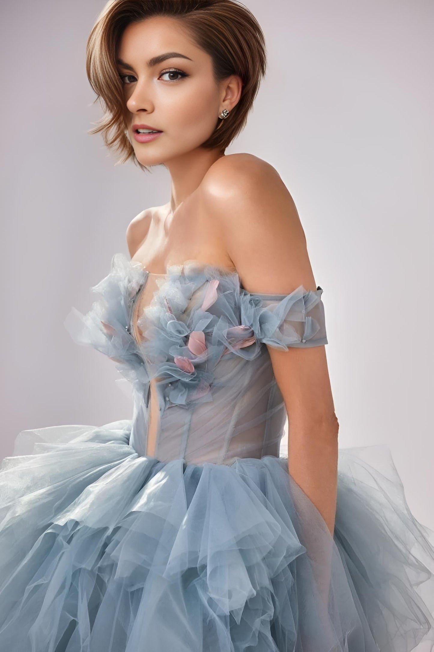 Women in Off-the-Shoulder Neckline Dusty Blue Elegant Evening Dress