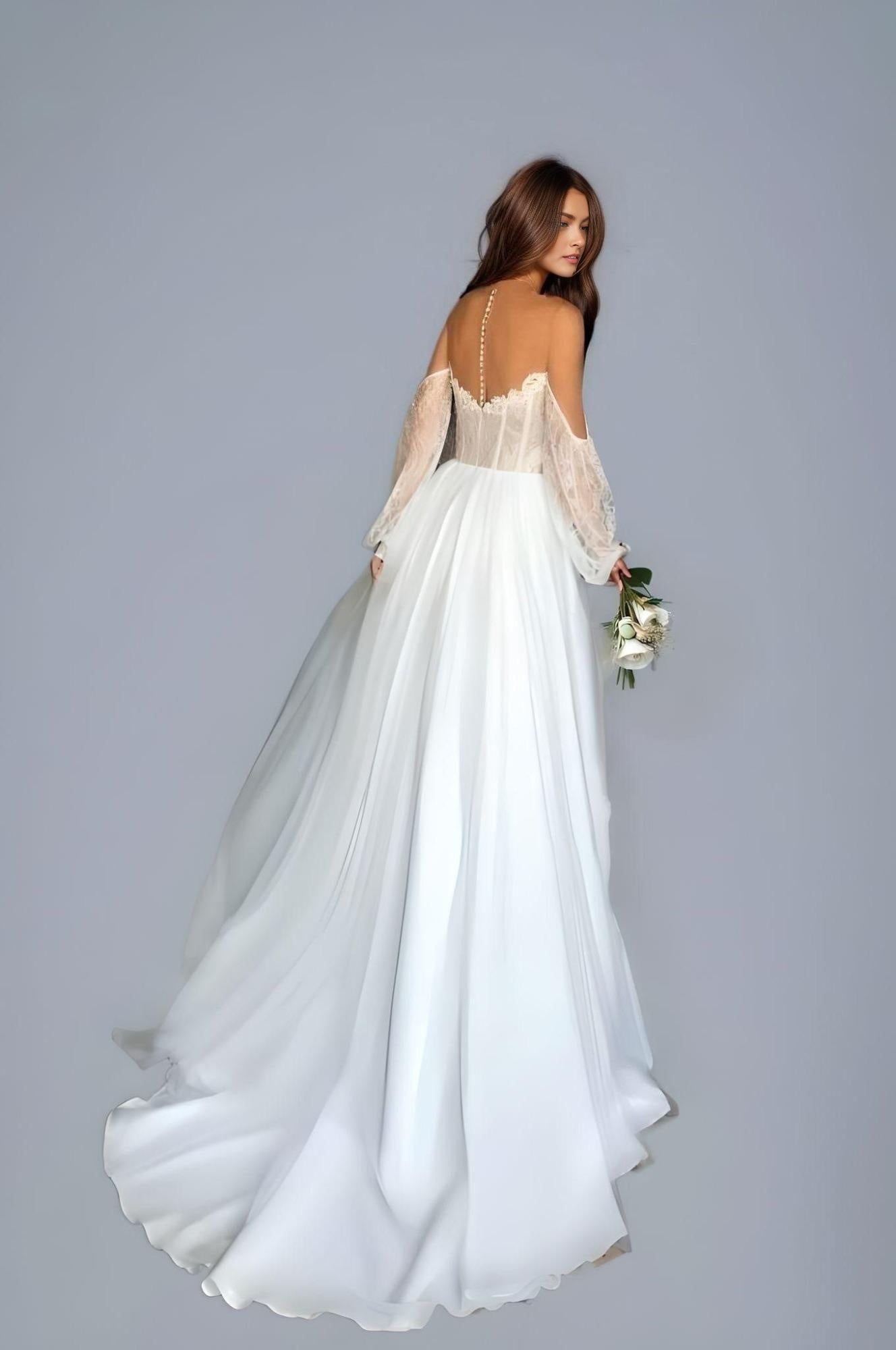 Audrey-Boho Wedding Dresses O-Neck Appliques Lace Long Sleeves Floor Length Princess Wedding Gowns Bride