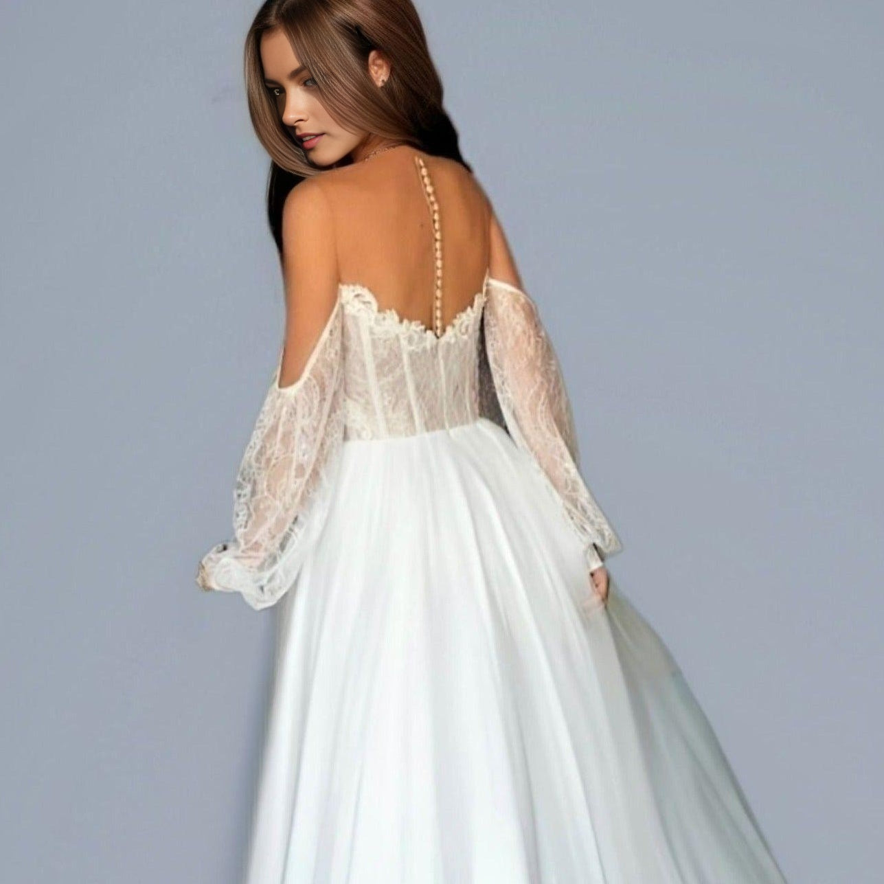 Audrey-Boho Wedding Dresses O-Neck Appliques Lace Long Sleeves Floor Length Princess Wedding Gowns Bride