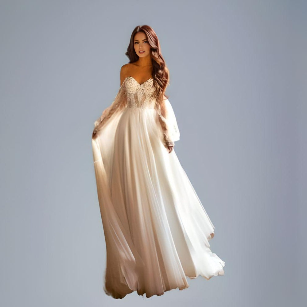 Audrey-Boho Wedding Dresses O-Neck Appliques Lace Long Sleeves Floor Length Princess Wedding Gowns Bride