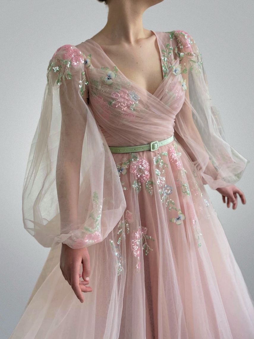 Aurora-Modest-Blush-Pink-Tulle-Puff-Long-Sleeves-Evening-Dresses-V-Neck-Colorful-Flowers-Butterfly-Sequin