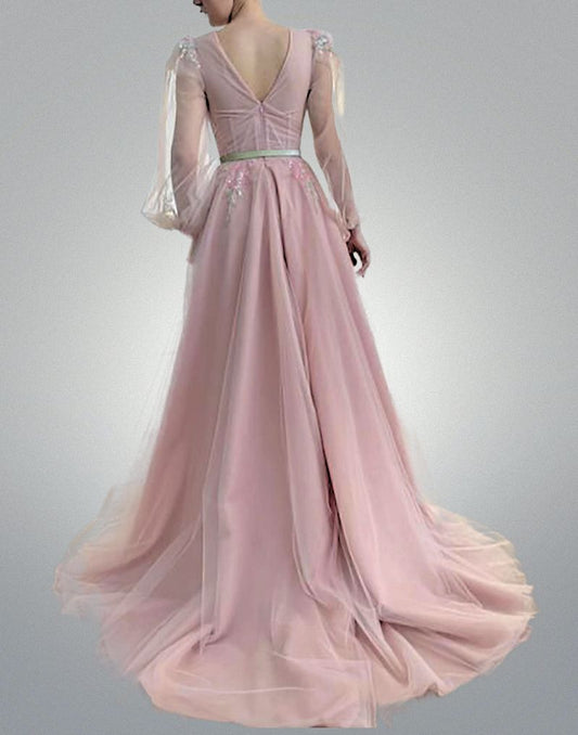 Aurora-Modest-Blush-Pink-Tulle-Puff-Long-Sleeves-Evening-Dresses-V-Neck-Colorful-Flowers-Butterfly-Sequin