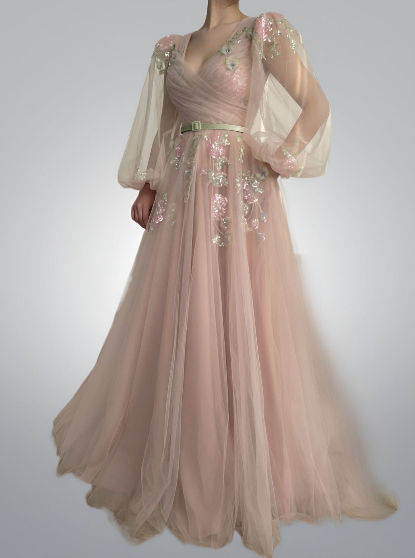 Aurora-Modest-Blush-Pink-Tulle-Puff-Long-Sleeves-Evening-Dresses-V-Neck-Colorful-Flowers-Butterfly-Sequin