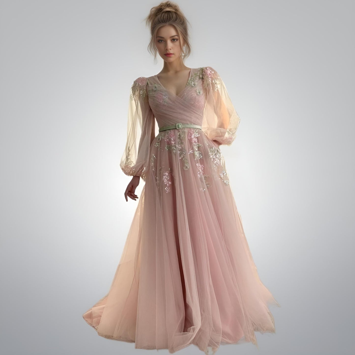 Aurora-Modest-Blush-Pink-Tulle-Puff-Long-Sleeves-Evening-Dresses-V-Neck-Colorful-Flowers-Butterfly-Sequin