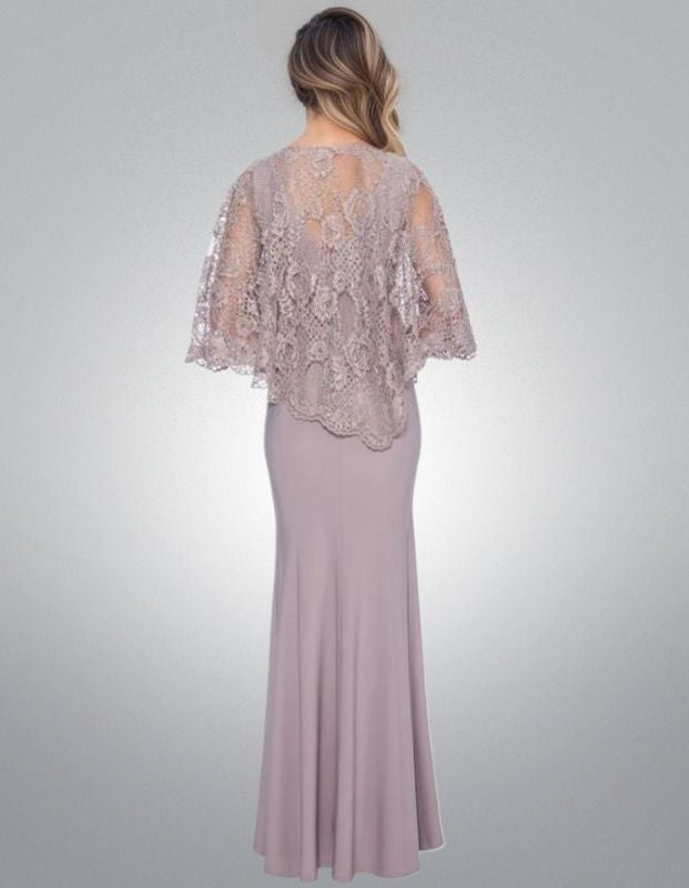 Women in Light Purple Dress with Lace Top Bolero from back