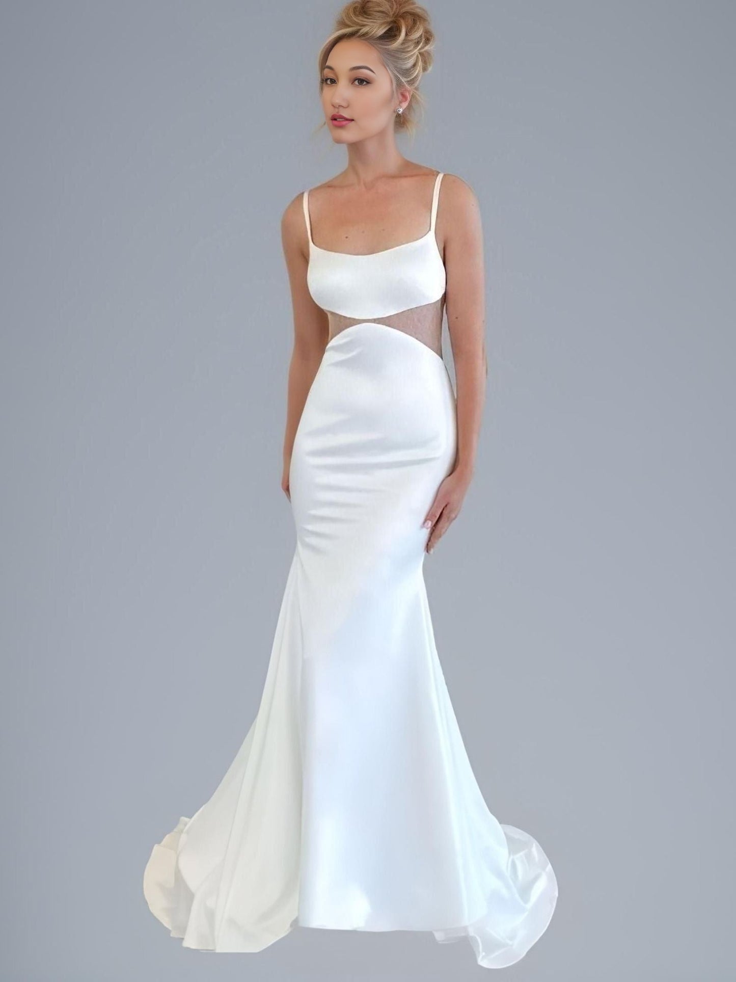 Woman in sexy satin mermaid dress with interesting front illusion