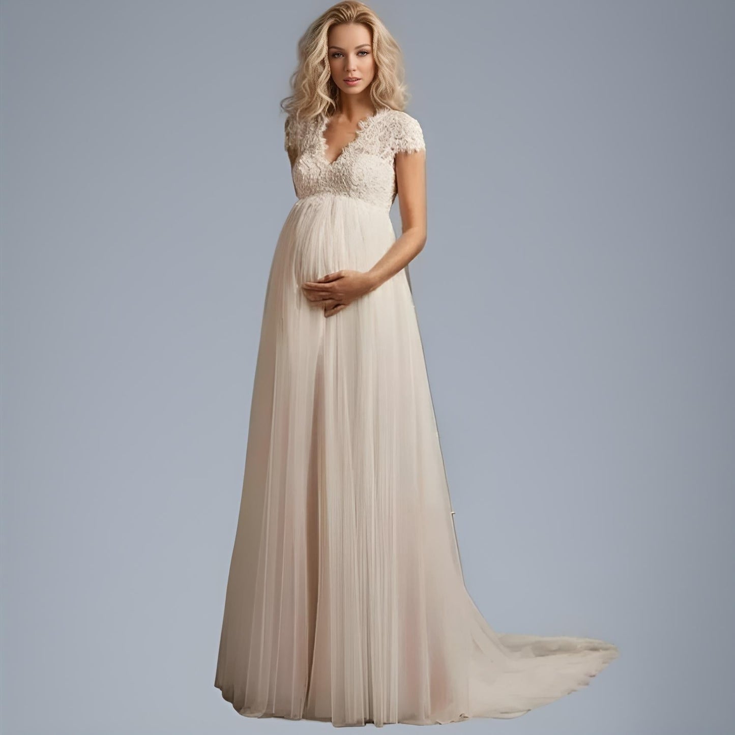 Pregnant Bride Wearing Beatrix Maternity Dress - Front View of Lace Top Maternity Bridal Gown