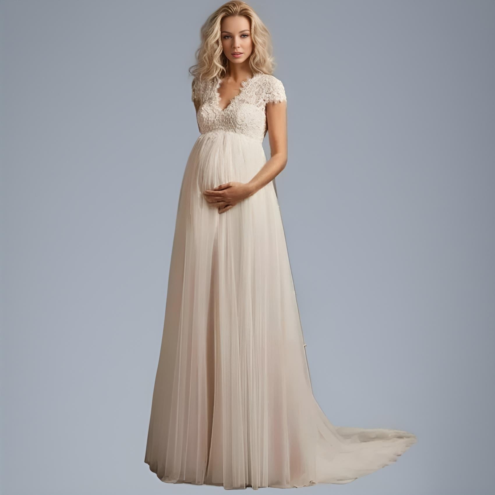 Pregnant Bride Wearing Beatrix Maternity Dress - Front View of Lace Top Maternity Bridal Gown