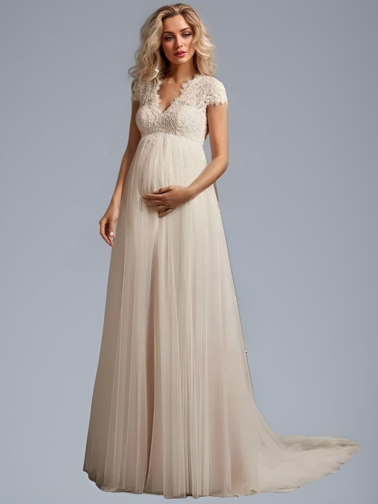 Detail View of Empire Waist on Pregnant Bride's Wedding Dress