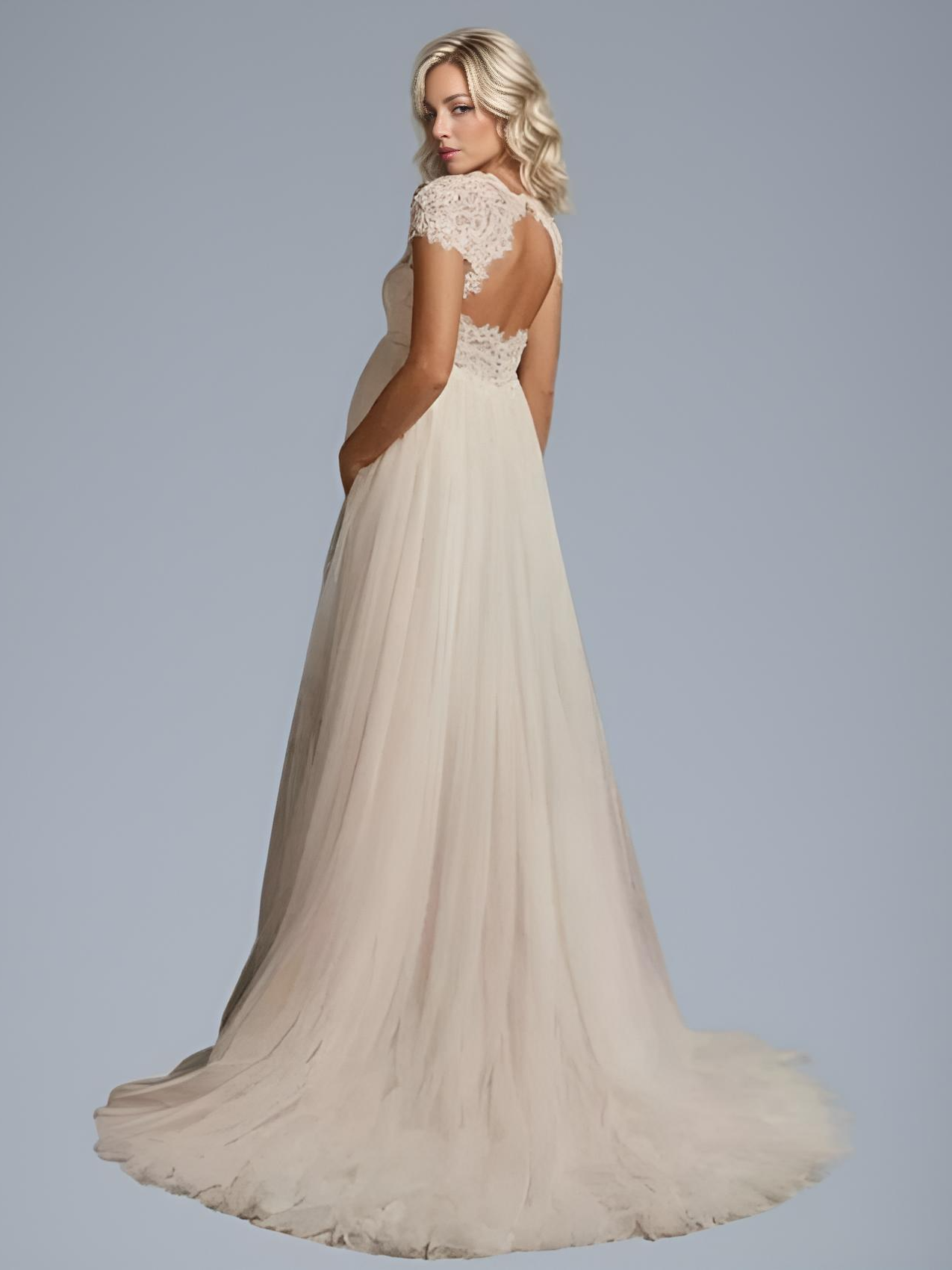 Back View of Expectant Mother in Beatrix Maternity Wedding Gown with Open Back of Lac