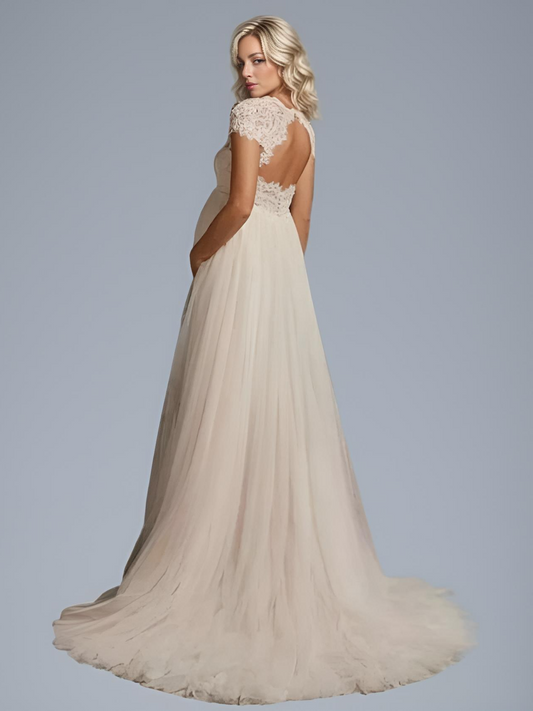 Back View of Expectant Mother in Beatrix Maternity Wedding Gown with Open Back of Lac