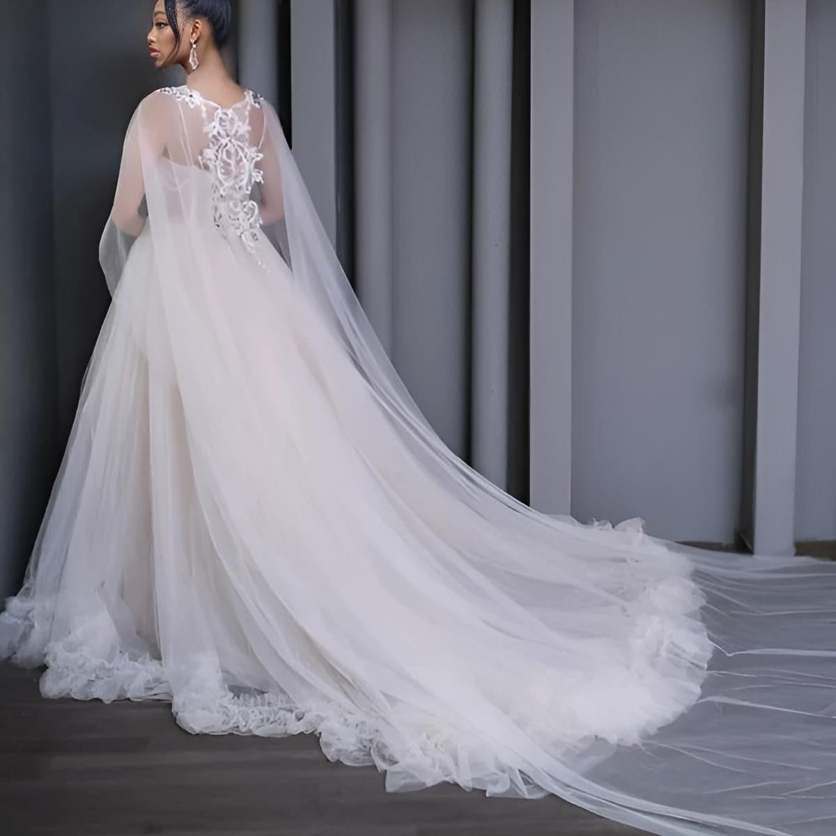 Bridal Cape Cloak Veil with Beading & Lace