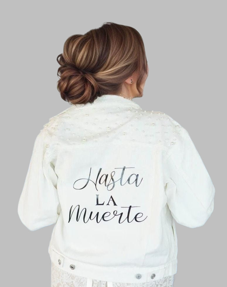 Bridal Denim Pearl Jacket with Custom Name