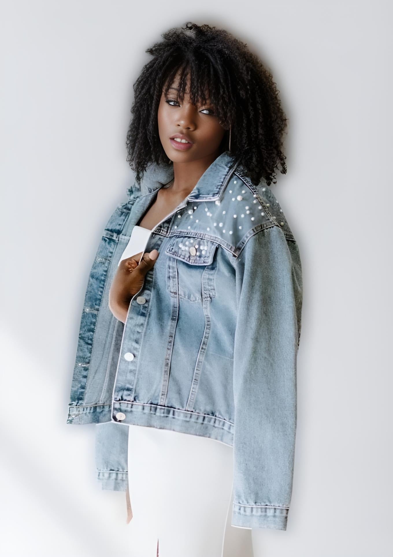 Bridal Denim Pearl Jacket with Custom Name