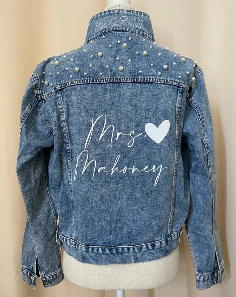 Bridal Denim Pearl Jacket with Custom Name