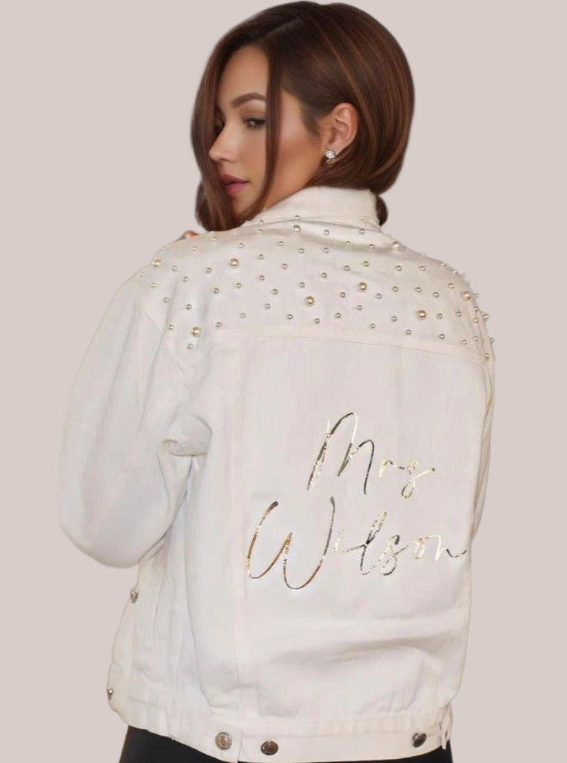 Bridal Denim Pearl Jacket with Custom Name