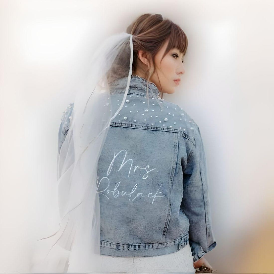 Bridal Denim Pearl Jacket with Custom Name
