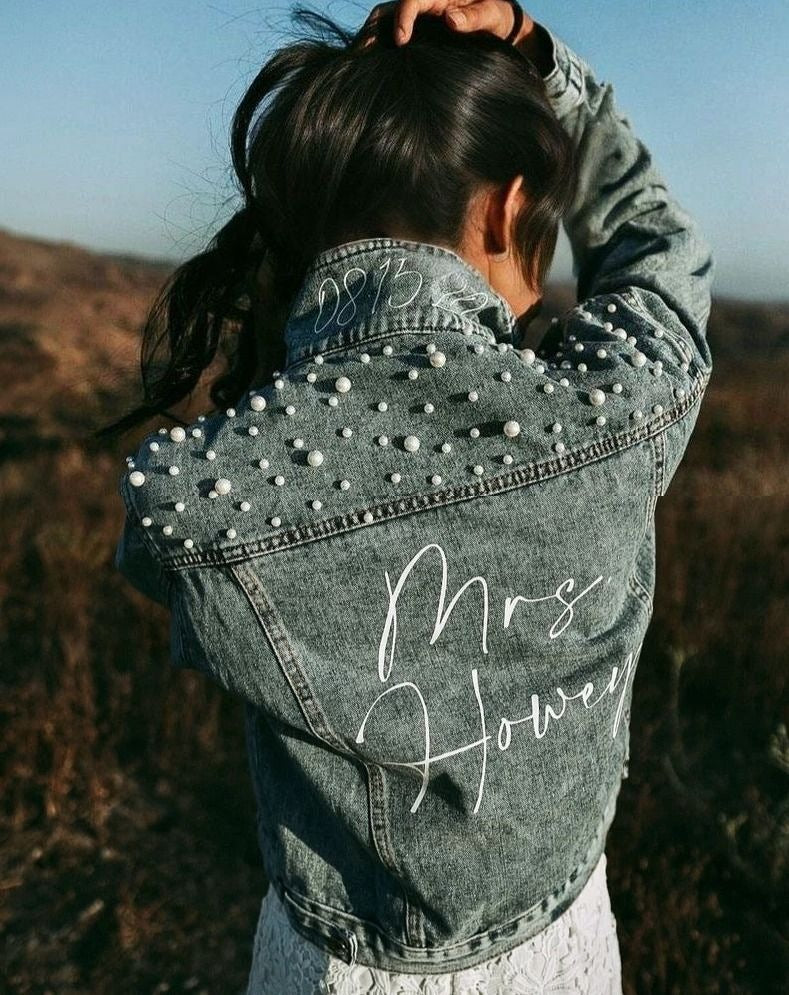 Bridal Denim Pearl Jacket with Custom Name