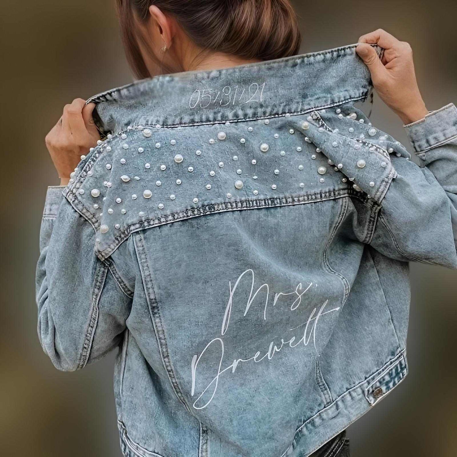 Bridal Denim Pearl Jacket with Custom Name
