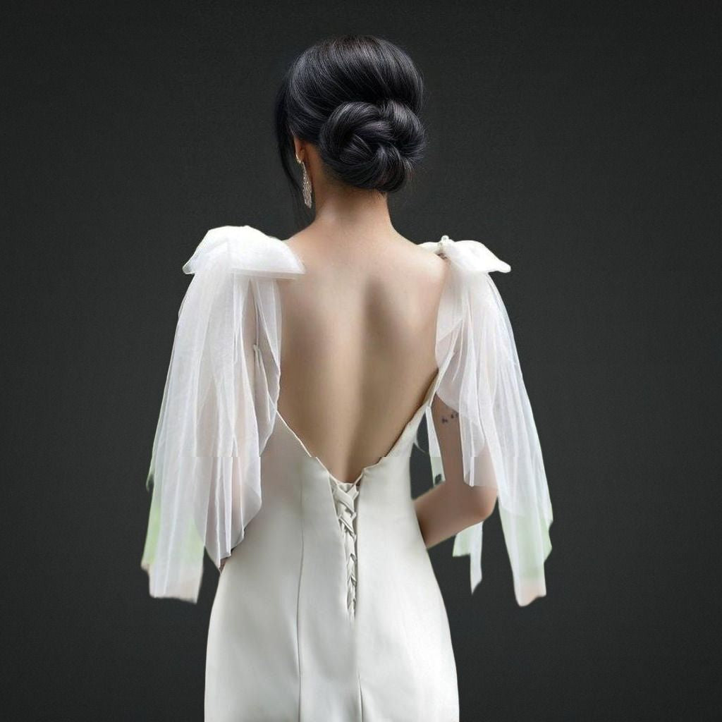 Bridal Wing Veil with Bows | Bows & Pearls Wing Sleeves Lula Bridal Bridal Wing Veil with Bows | Bows & Pearls Wing Sleeves Lula Bridal