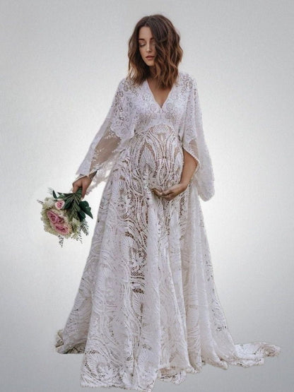 Stunning expectant mother in Boho Lace Bridal Gown