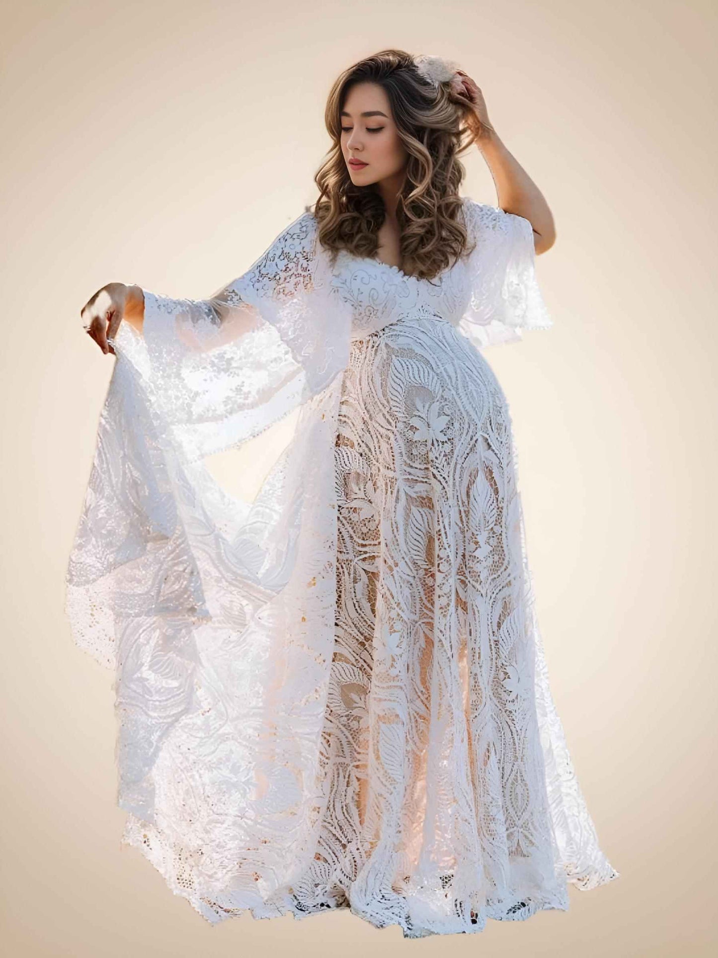 Beautiful maternity shot with woman in Full Lace Bohemian Maternity Clarissa Gown