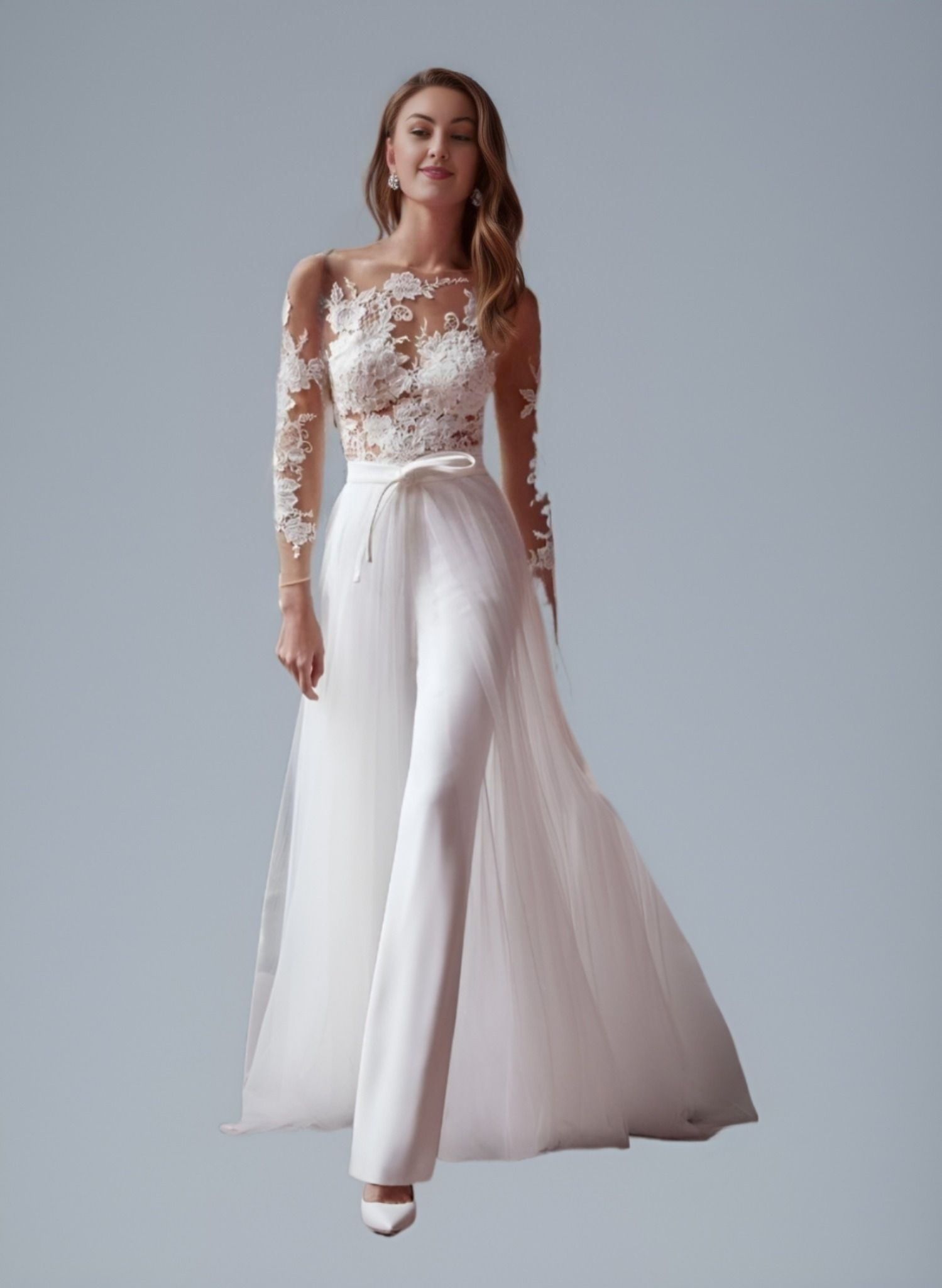 Wedding Jumpsuit Bridal Pantsuit Detachable Train V Neck Lace Sleeveless –