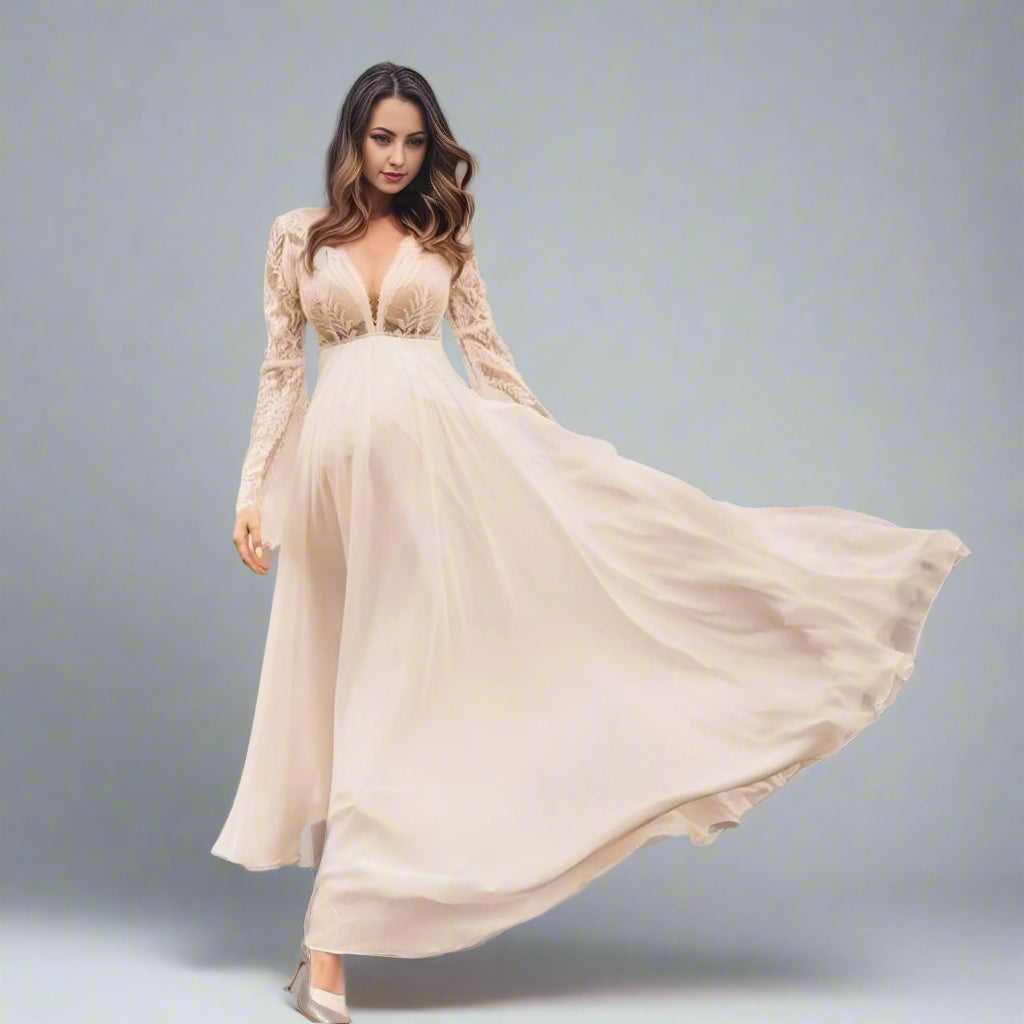 Pregnant Bride Wearing Boho Long Sleeve Wedding Dress