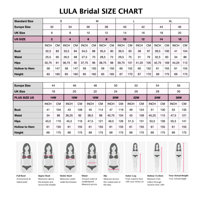 EMILY Wedding Dress Size Chart