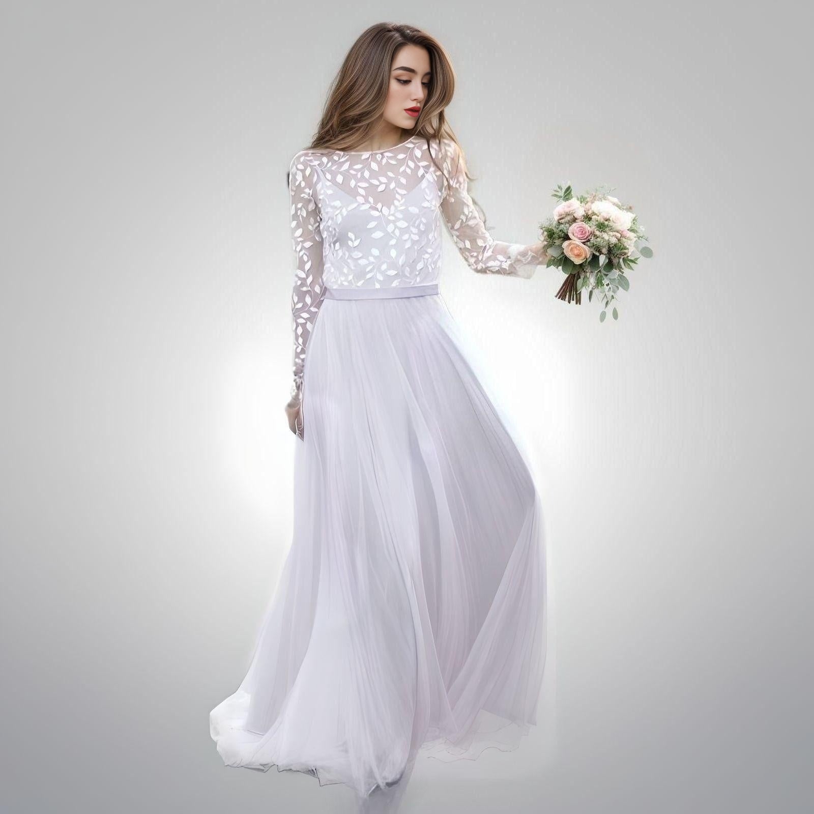 leaf lace wedding dress long sleeve Fashion-Forward Leaf Lace Plus Size A-Line Wedding Dress with Off-the-Shoulder Blouson Sleeves